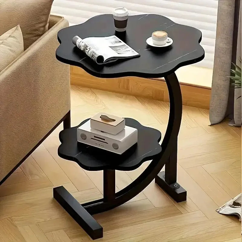 Elegant C Shaped Two Layer Flower Side Table Marble Texture