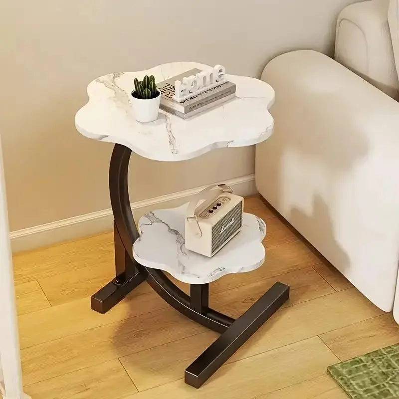 Elegant C Shaped Two Layer Flower Side Table Marble Texture