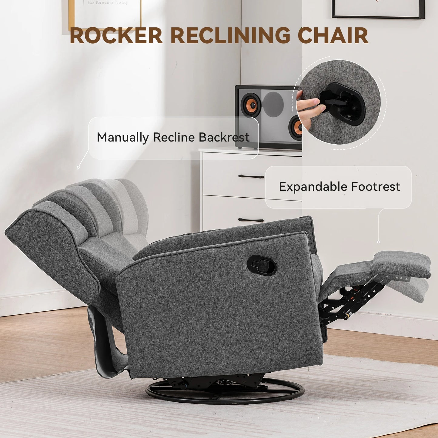 Comhoma Rocking Recliner Chair, Swivel Glider Reclining Single Sofa Manual Rocker Recliner, Nursery Rocking Chairs with Upholster