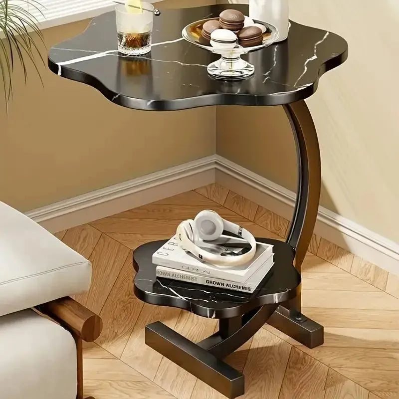 Elegant C Shaped Two Layer Flower Side Table Marble Texture