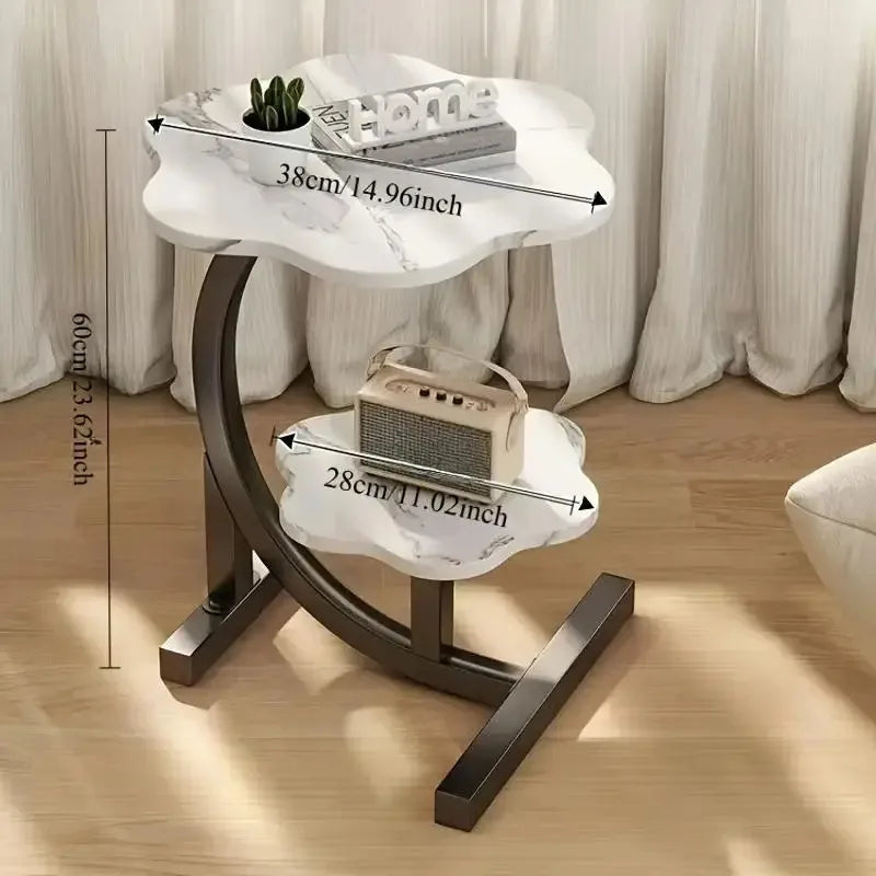 Elegant C Shaped Two Layer Flower Side Table Marble Texture