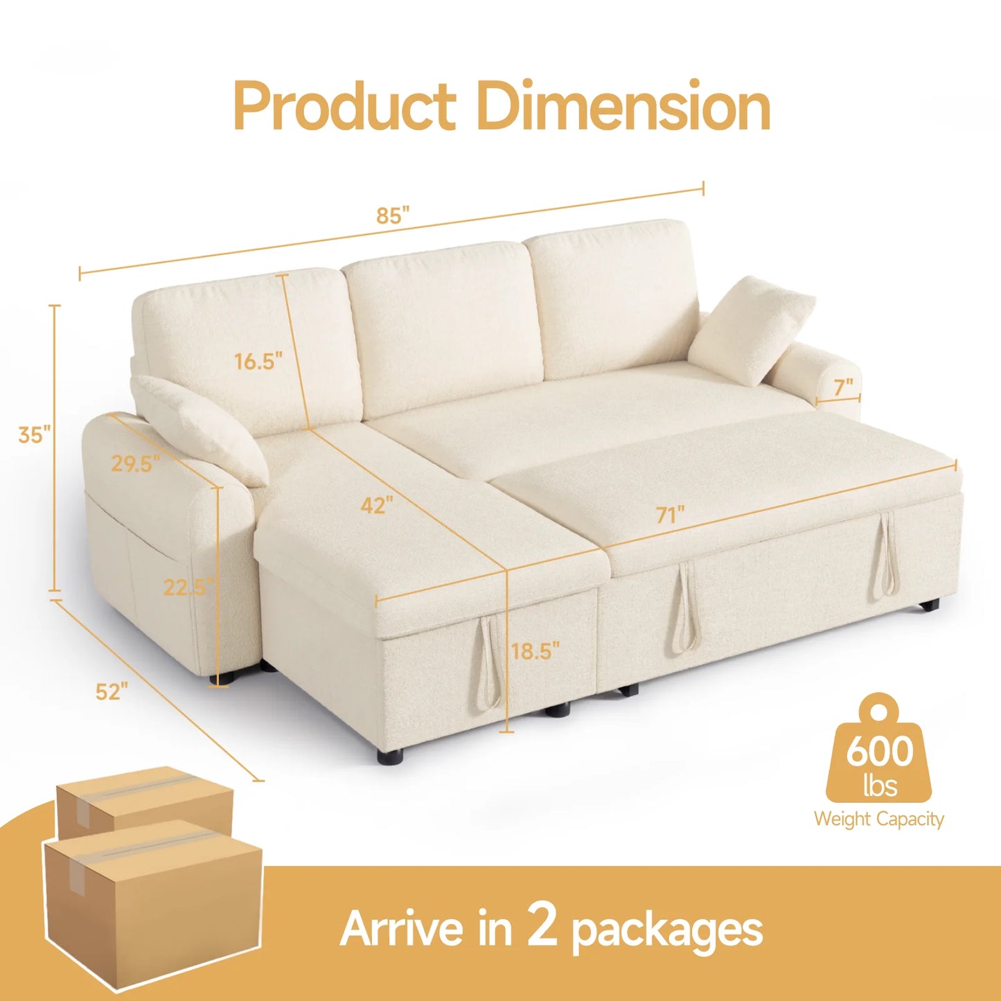 L Shaped Sleeper Sofa 85In Pullout Bed With Storage Chaise