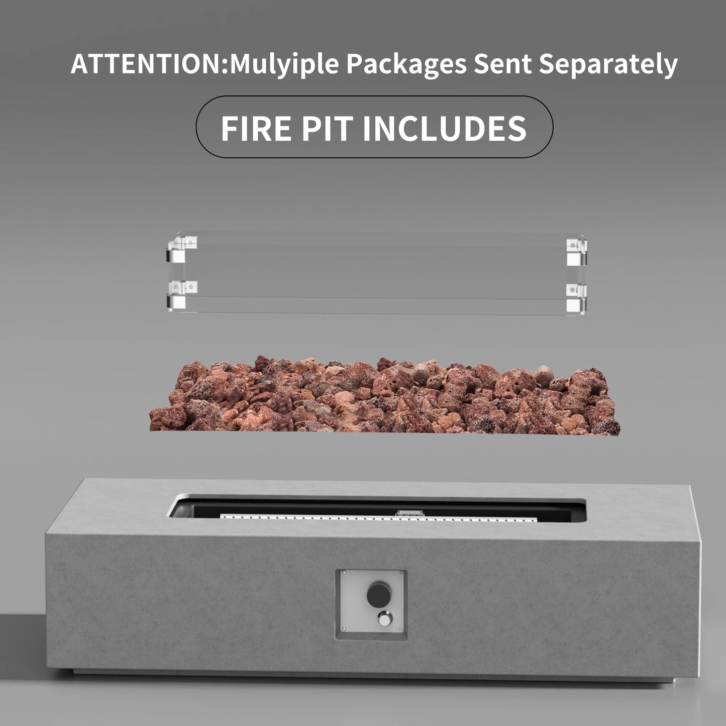 56-inch x 28-inch Gray Fire PitOutdoor Propane Fire Table Set, Rectangle Concrete (50,000 BTU) w 20lb Tank Table, Wind Guard