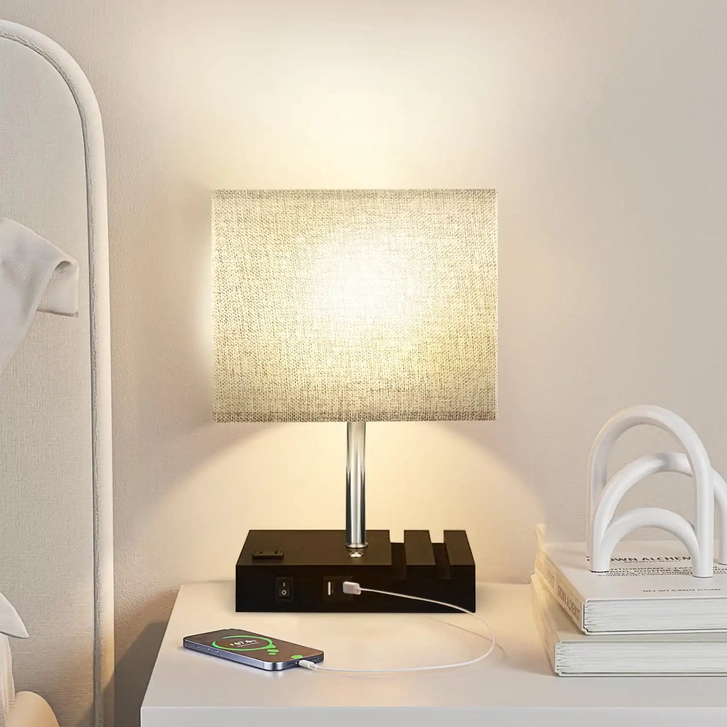 Bedside Table Lamp With AC Outlet USB Ports 3 Way Dimmable