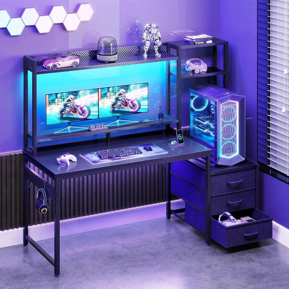 48 Inch Gaming Desk With Hutch USB Ports LED Lights
