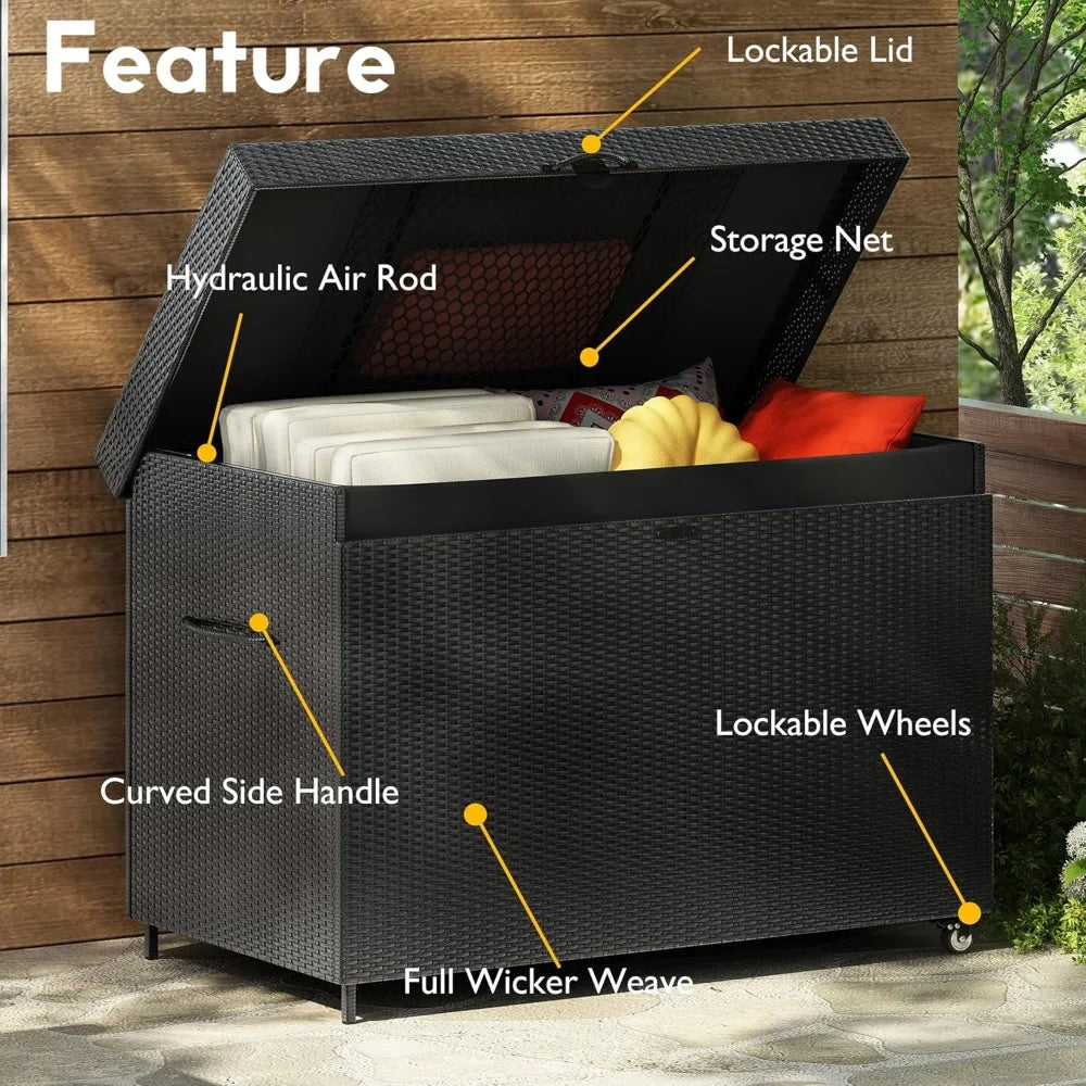 230 Gallon Outdoor Storage Box with Wheels Patio Wicker Deck Box for Furniture Cushions and Garden Tools