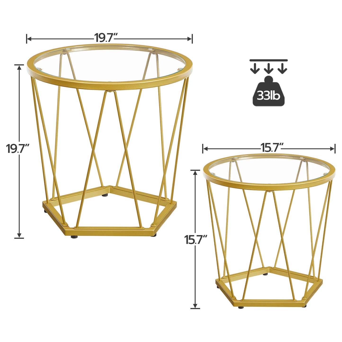 HOOBRO Round Glass Top Coffee Tables Set Of 2 Gold Frame