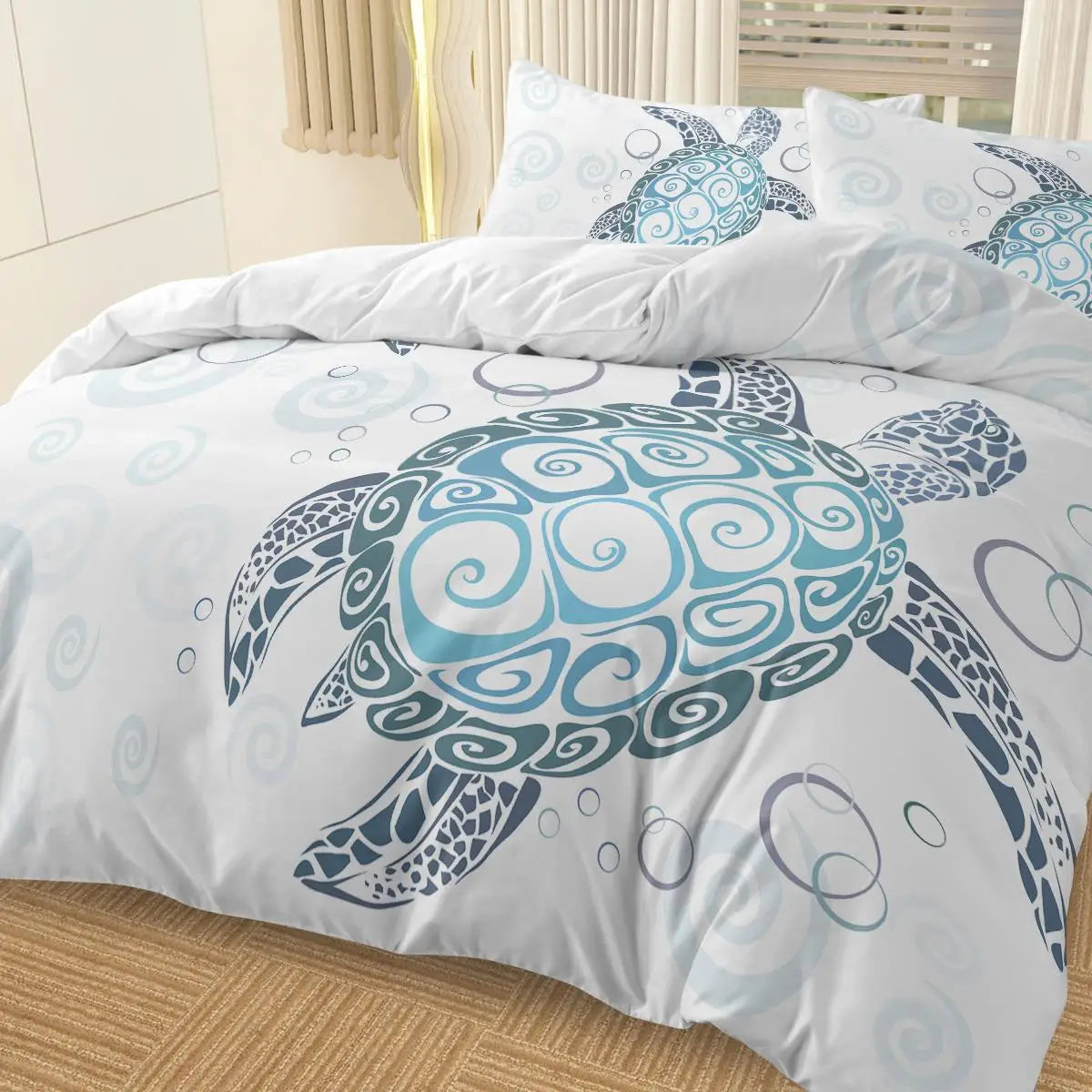 Aqua Teal Sea Bedding Set - 3-Piece Twin Duvet Cover with Pillowcases - Ocean Beach Theme