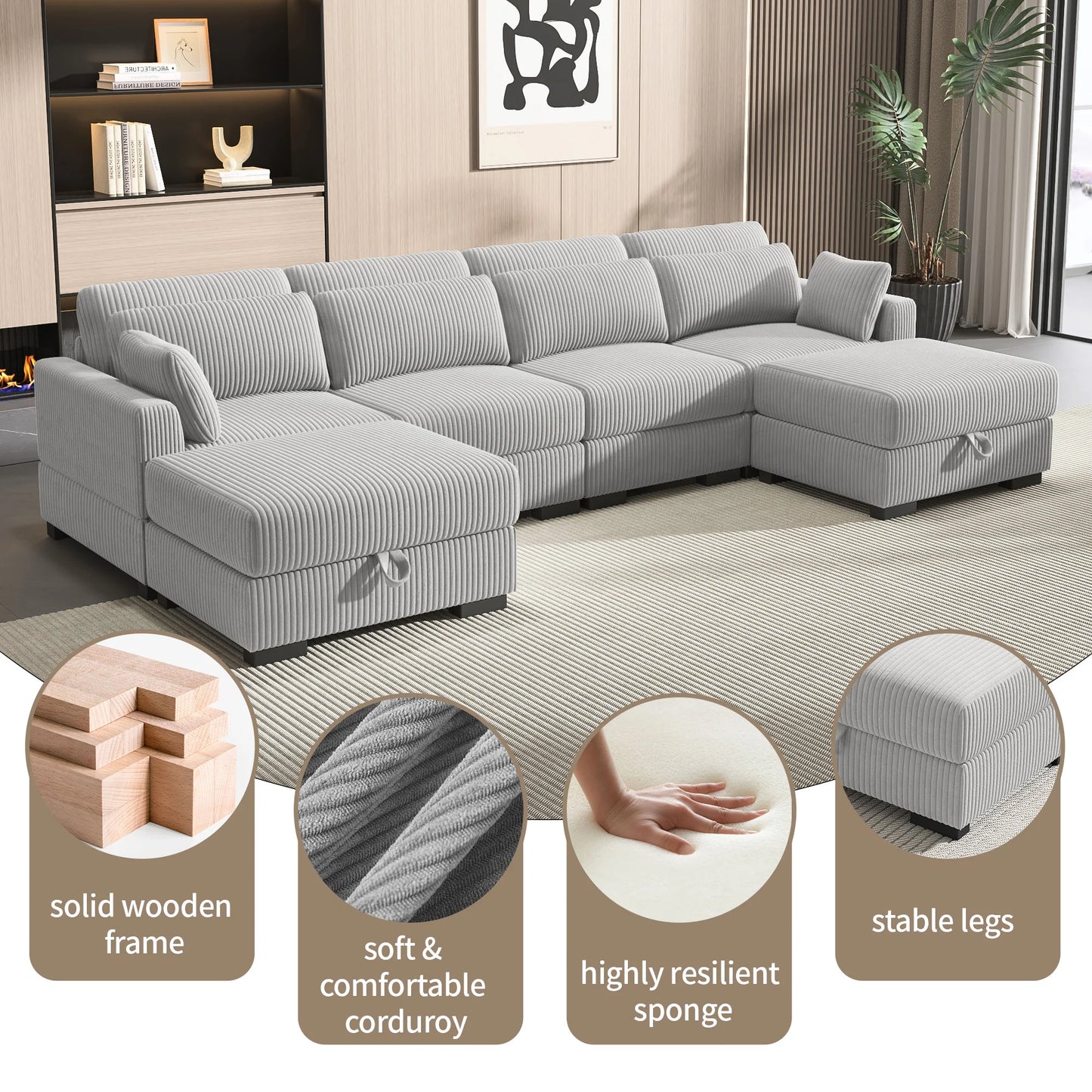 Corduroy Modular Sectional Sofa Cloud Couch 2 To 4 Seater