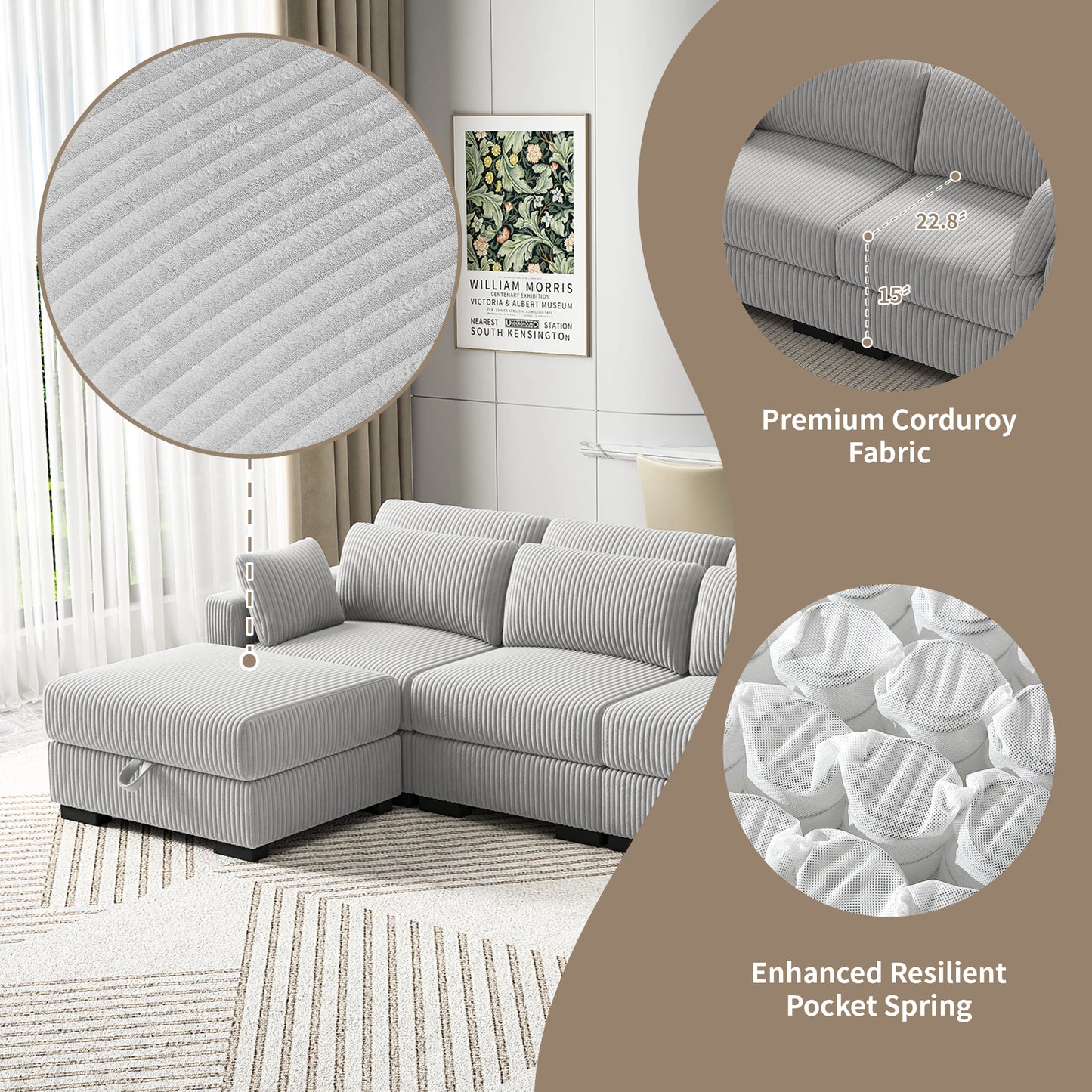 Corduroy Modular Sectional Sofa Cloud Couch 2 To 4 Seater