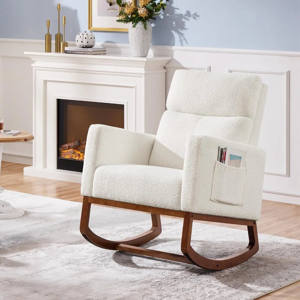 Ivory Boucle Rocking Chair With High Back And Side Pocket