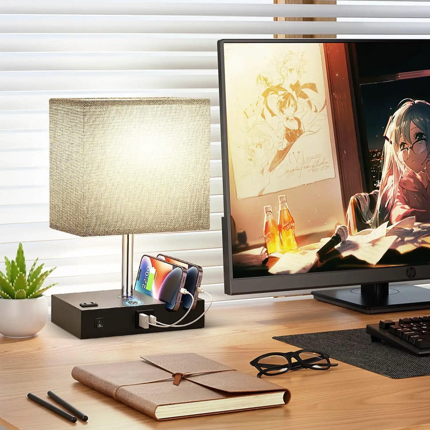 Bedside Table Lamp With AC Outlet USB Ports 3 Way Dimmable