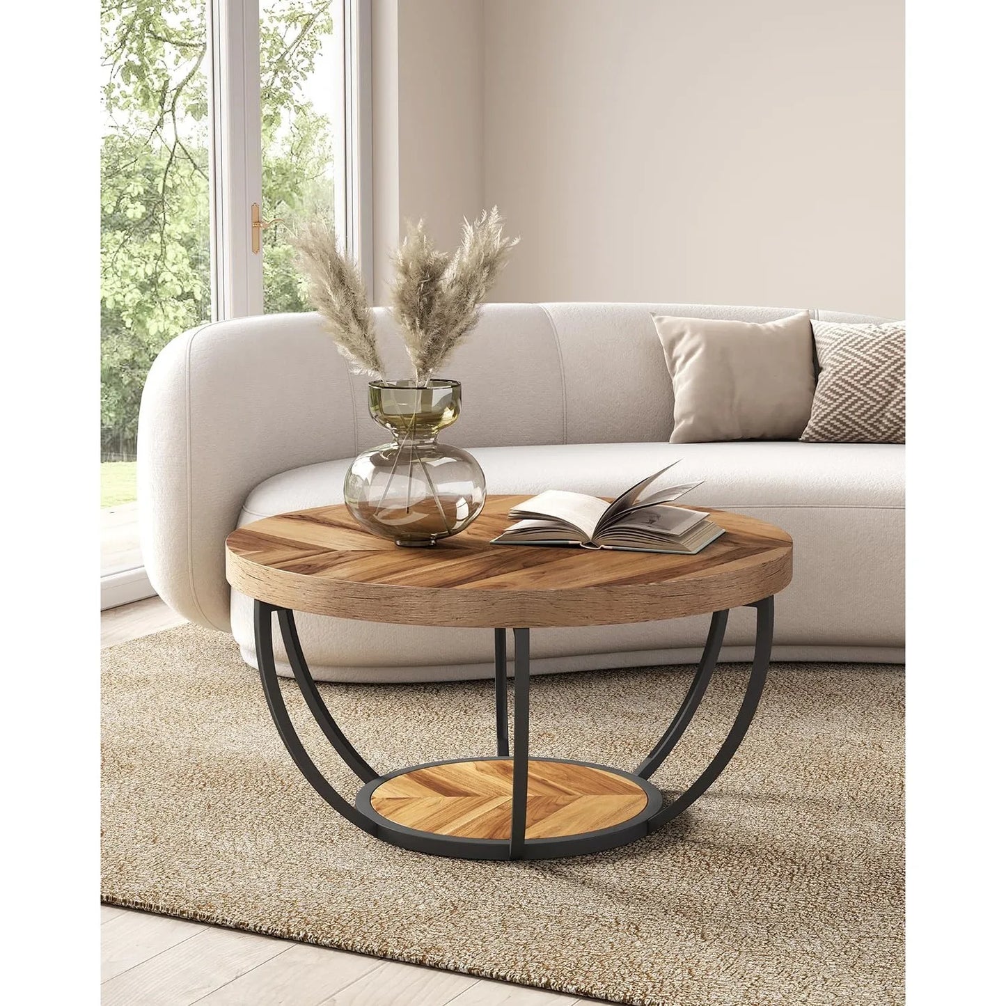 32 Inch Circle Marble Coffee Table Two Tier Golden Legs