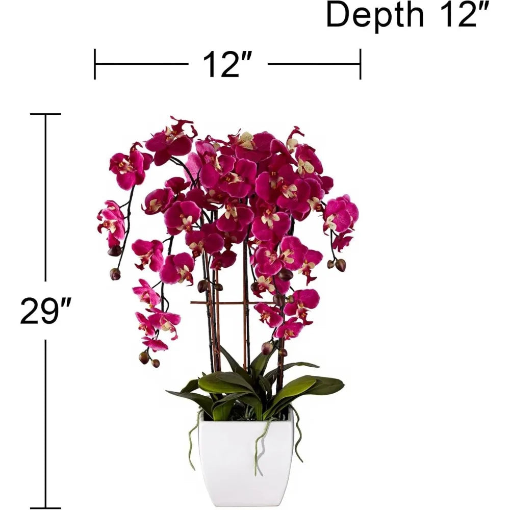 Potted Silk Faux Artificial Flowers Arrangements Realistic Purple Fuchsia Orchid in White Ceramic Pot for Home Decoration Living