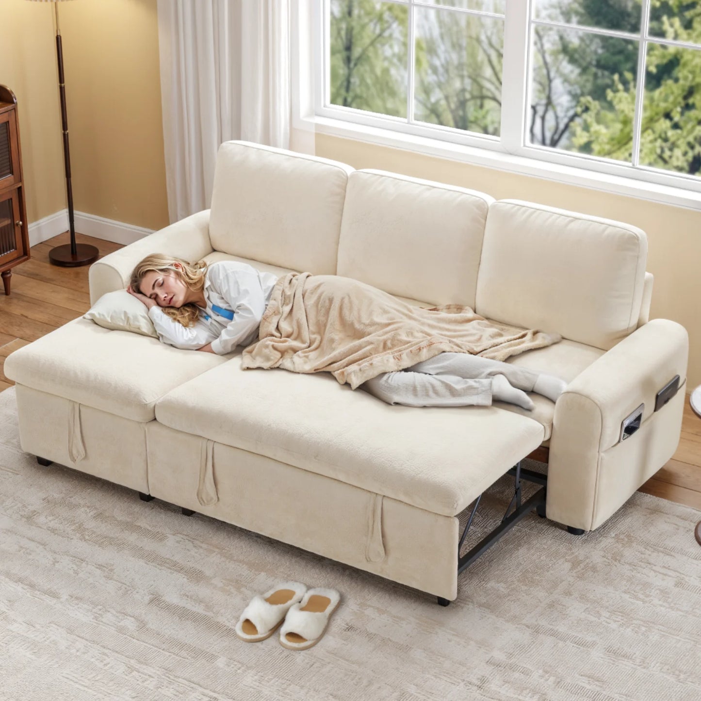 L Shaped Sleeper Sofa 85In Pullout Bed With Storage Chaise