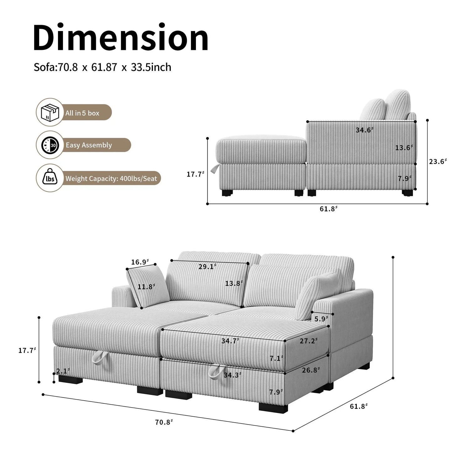 Corduroy Modular Sectional Sofa Cloud Couch 2 To 4 Seater
