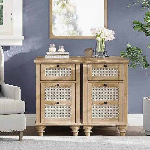 Duo Pack Charging End Tables With Storage Rattan Nightstand