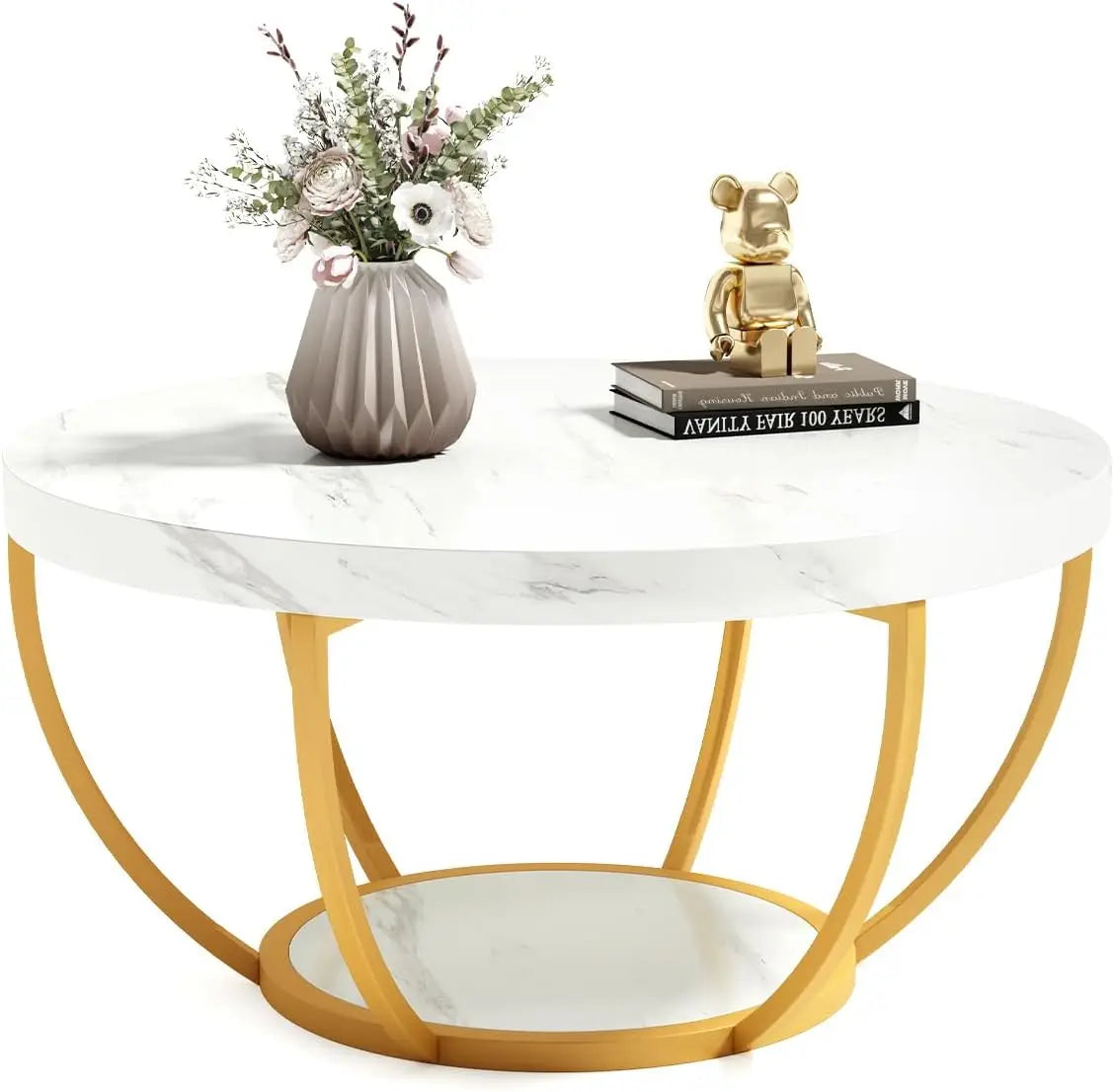 32 Inch Circle Marble Coffee Table Two Tier Golden Legs