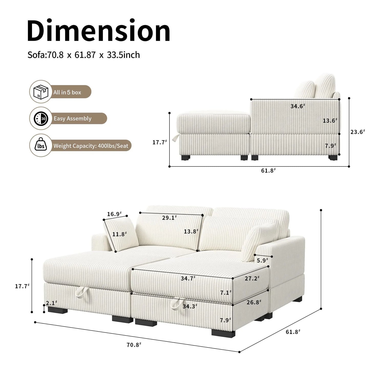 Corduroy Modular Sectional Sofa Cloud Couch 2 To 4 Seater