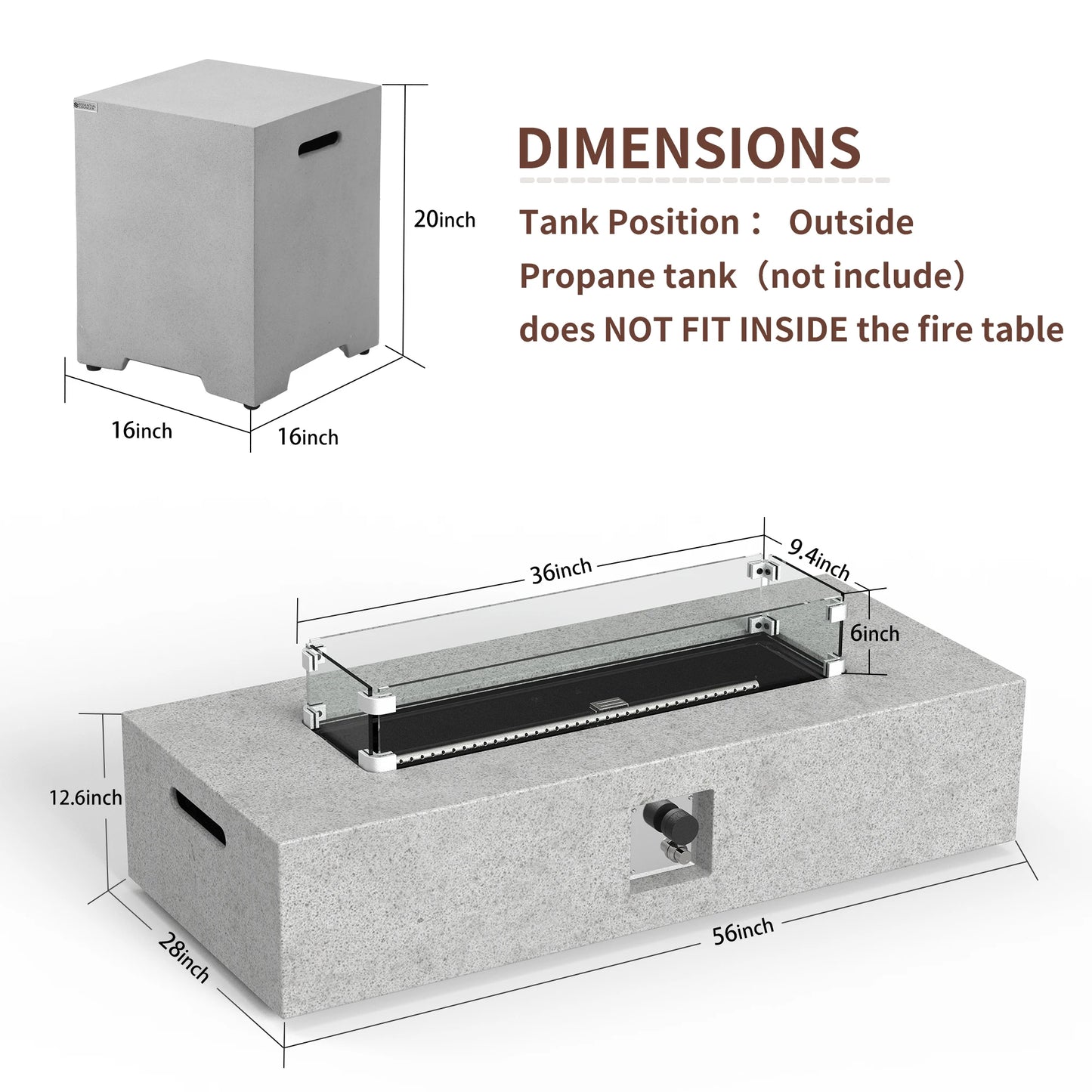 56-inch x 28-inch Gray Fire PitOutdoor Propane Fire Table Set, Rectangle Concrete (50,000 BTU) w 20lb Tank Table, Wind Guard