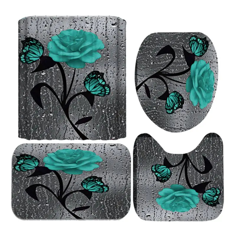 4 Piece Doormat Shower Curtain Rugs Non Slip Seat Cover