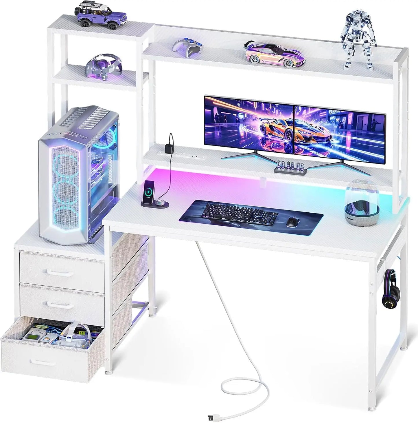 48 Inch Gaming Desk With Hutch USB Ports LED Lights