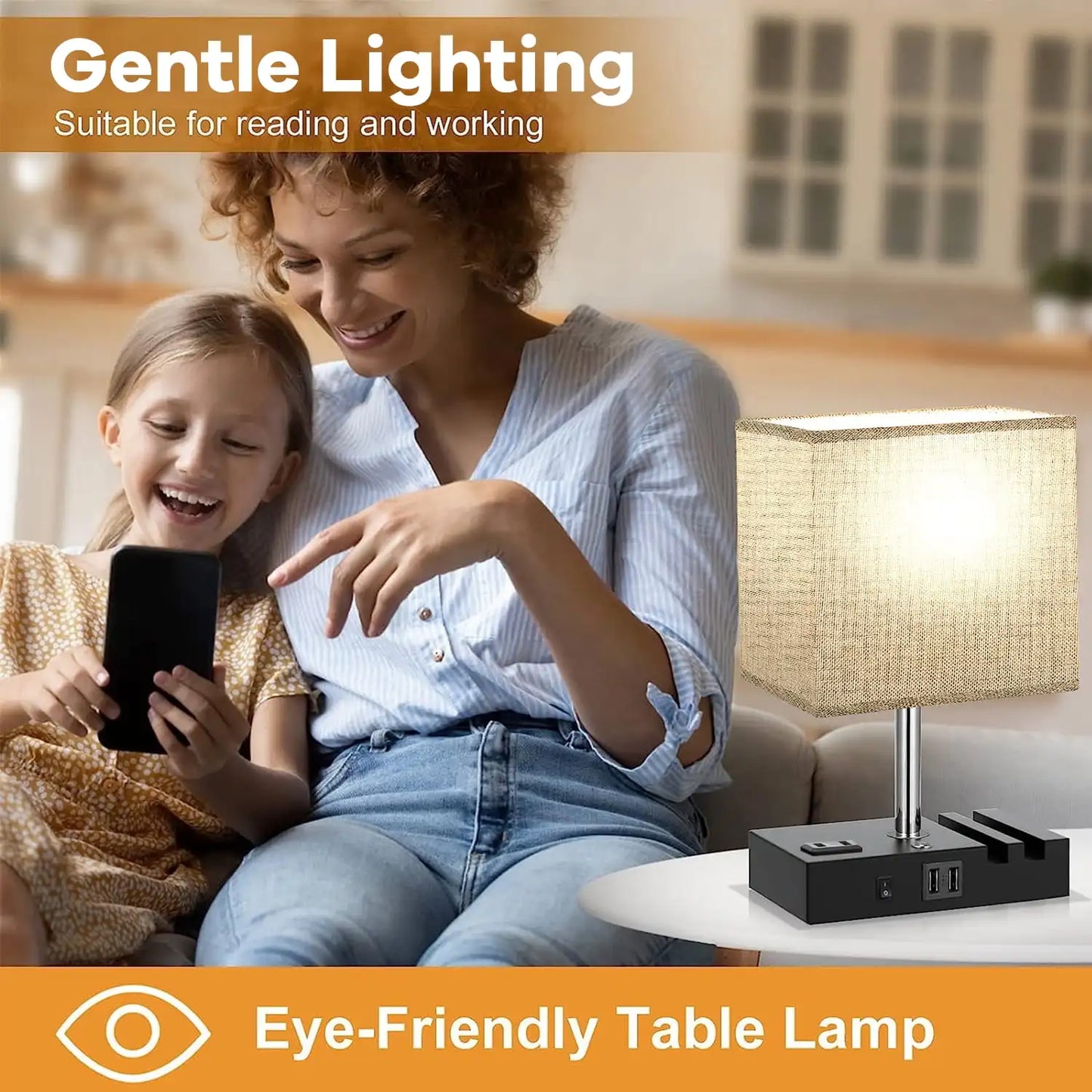 Bedside Table Lamp With AC Outlet USB Ports 3 Way Dimmable