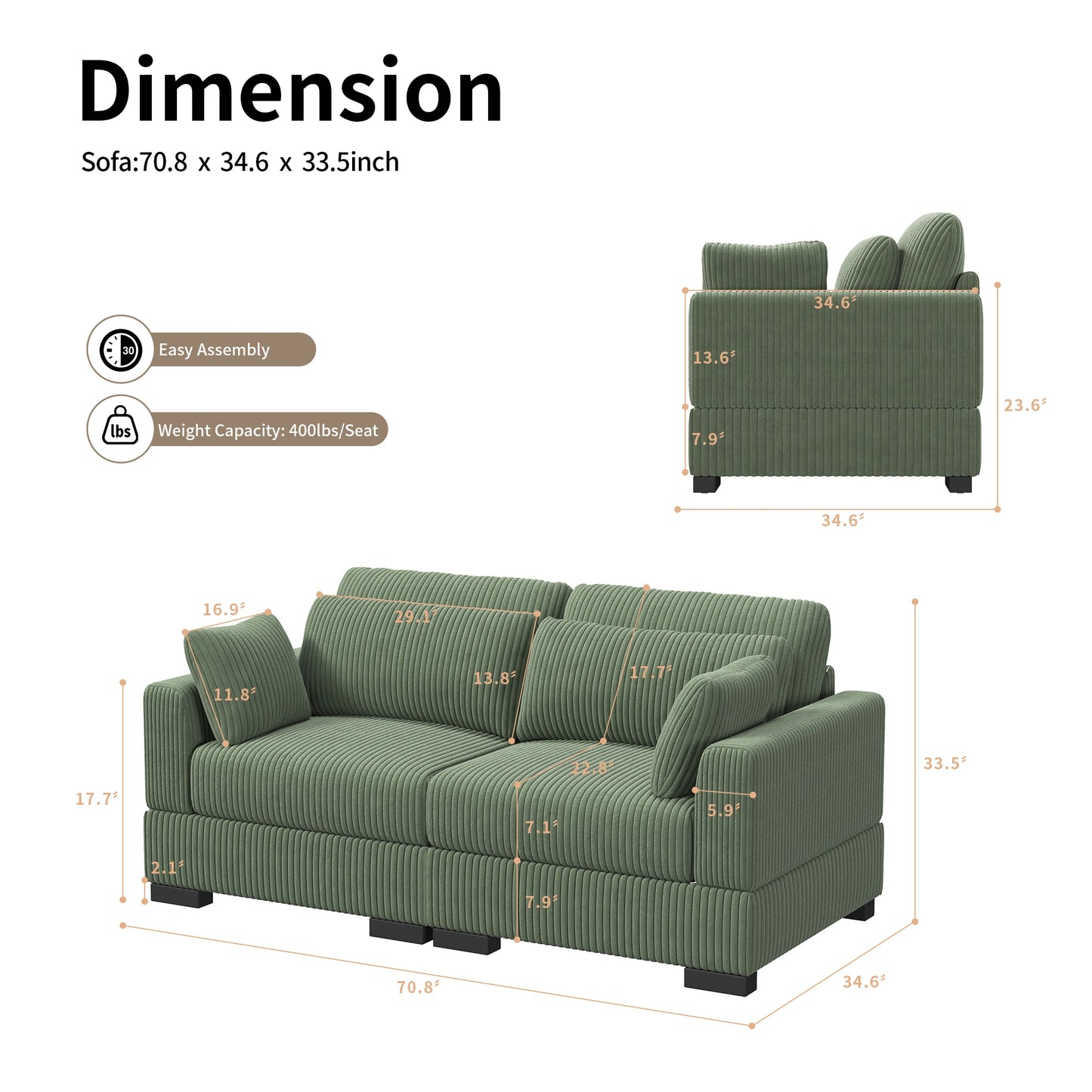 Corduroy Modular Sectional Sofa Cloud Couch 2 To 4 Seater