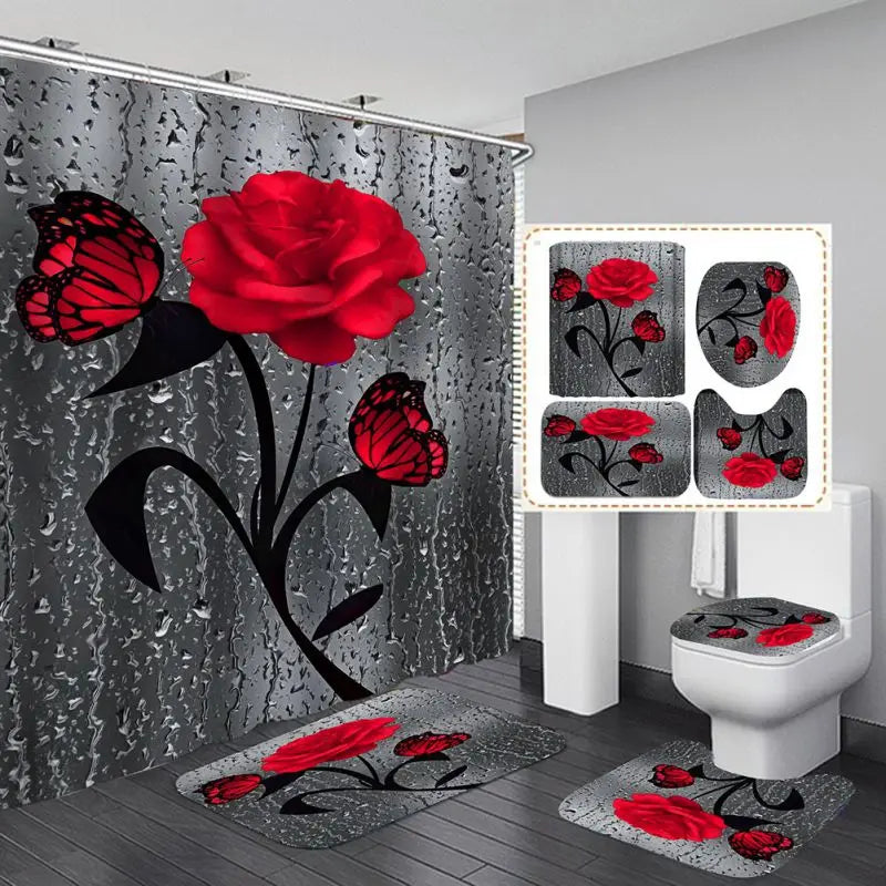 4 Piece Doormat Shower Curtain Rugs Non Slip Seat Cover