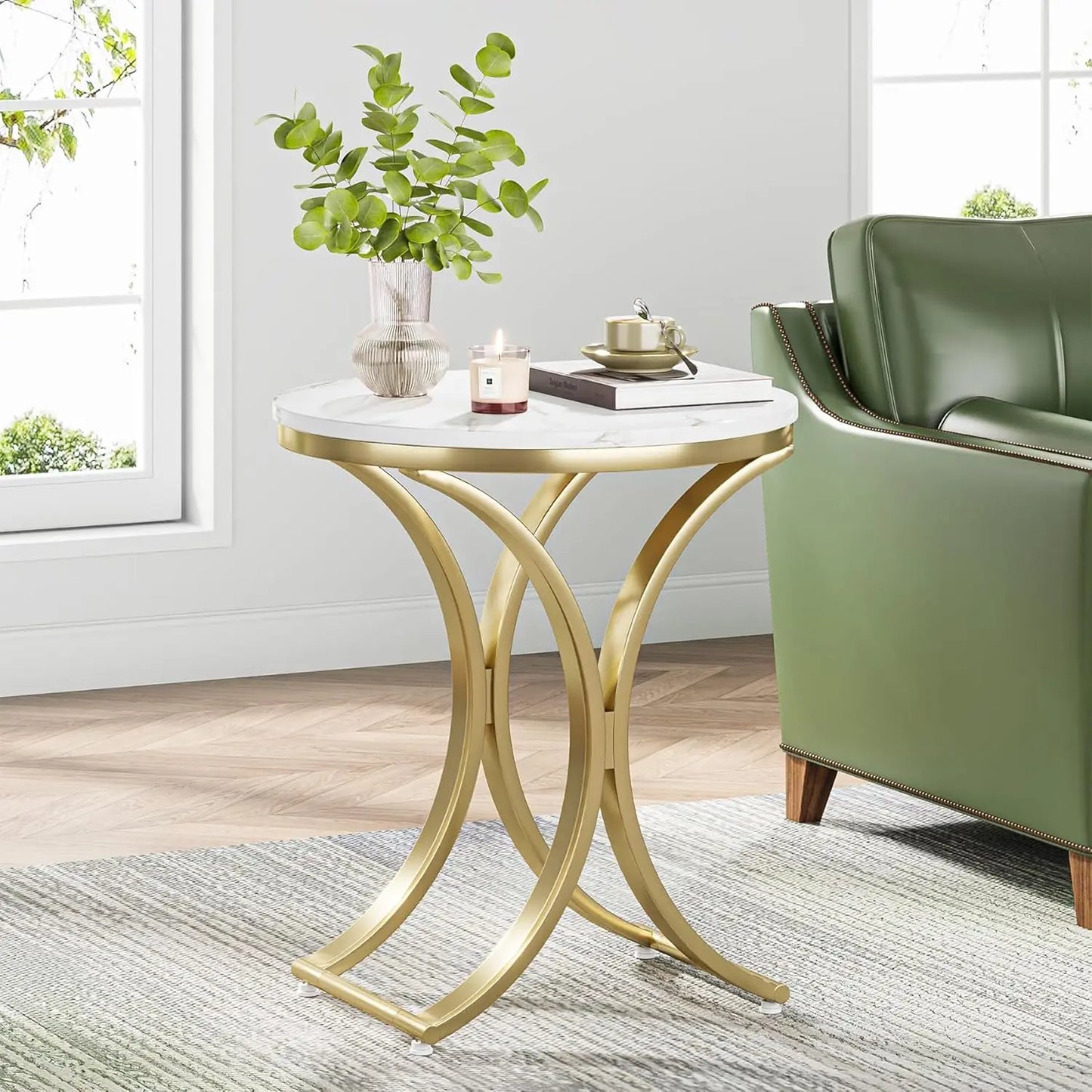 Small Round Sofa Side Table Modern Faux Marble White Gold