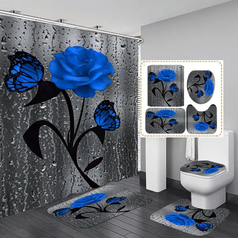 4 Piece Doormat Shower Curtain Rugs Non Slip Seat Cover