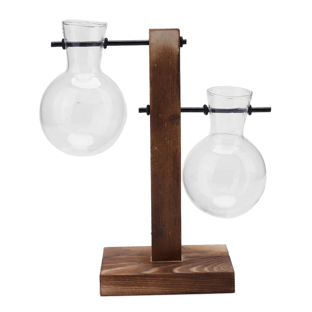 Plant Terrarium with Wooden Stand Hydroponic Planter Bulb Glass Bonsai Flower Pot for Indoor Office Desk Decor Accessories