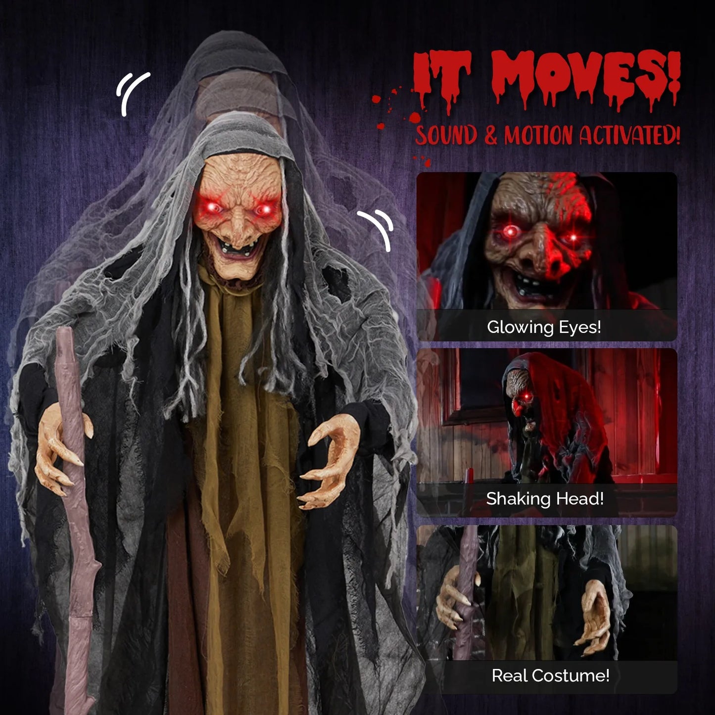 5.3ft Halloween Animated Witch With Cane Haunted House Prop