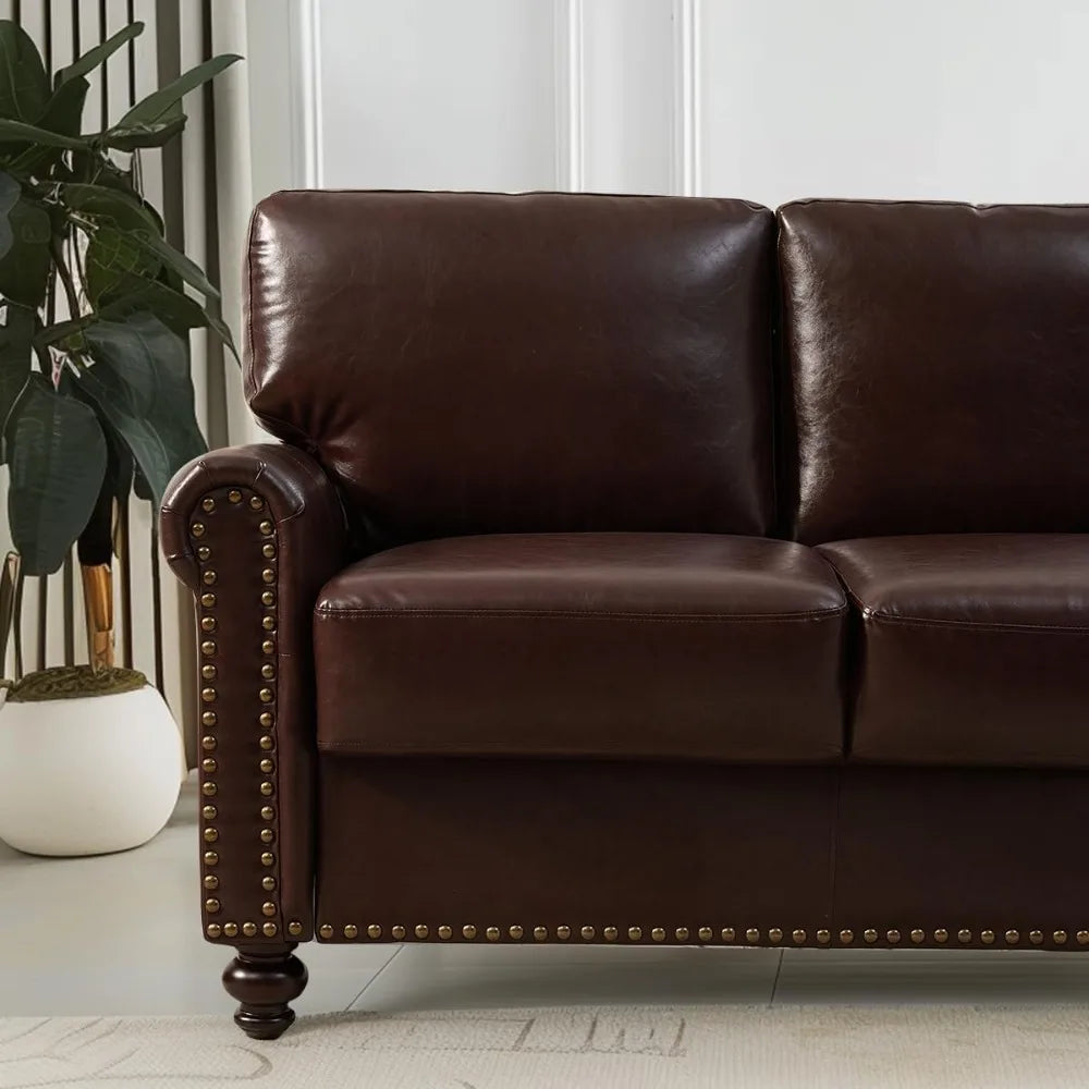 80" Faux Leather Sofa with Storage, Mid-Century Modern Rolled Arm Couches for Living Room Furniture, Easy Tool-Free Assembly
