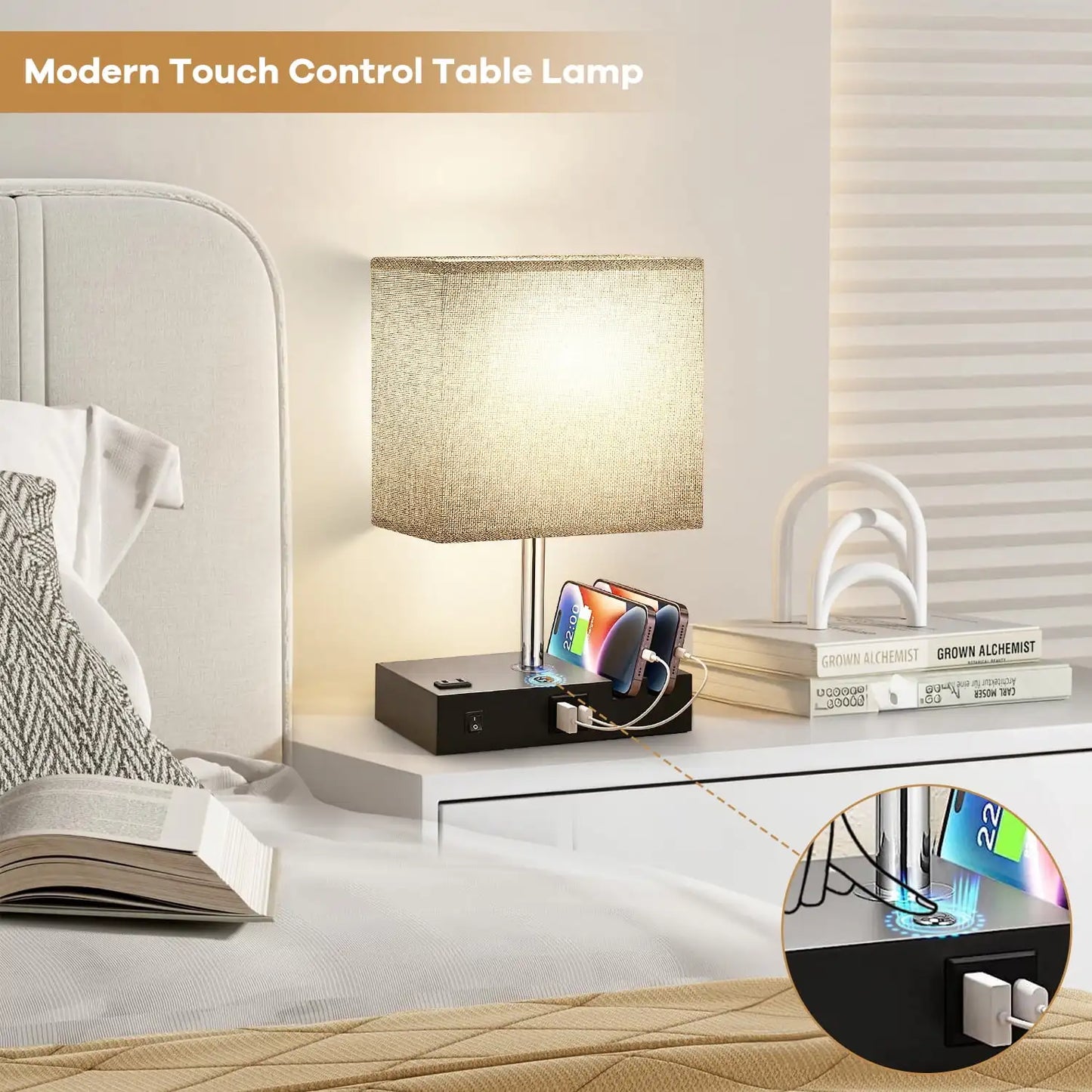 Bedside Table Lamp With AC Outlet USB Ports 3 Way Dimmable