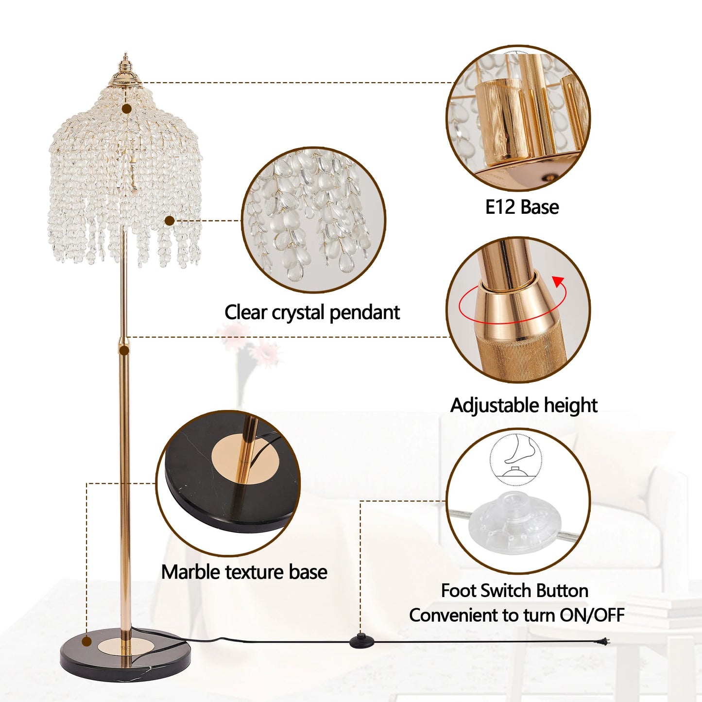 3 Light Elegant Crystal Floor Lamp Waterfall Bead Strings