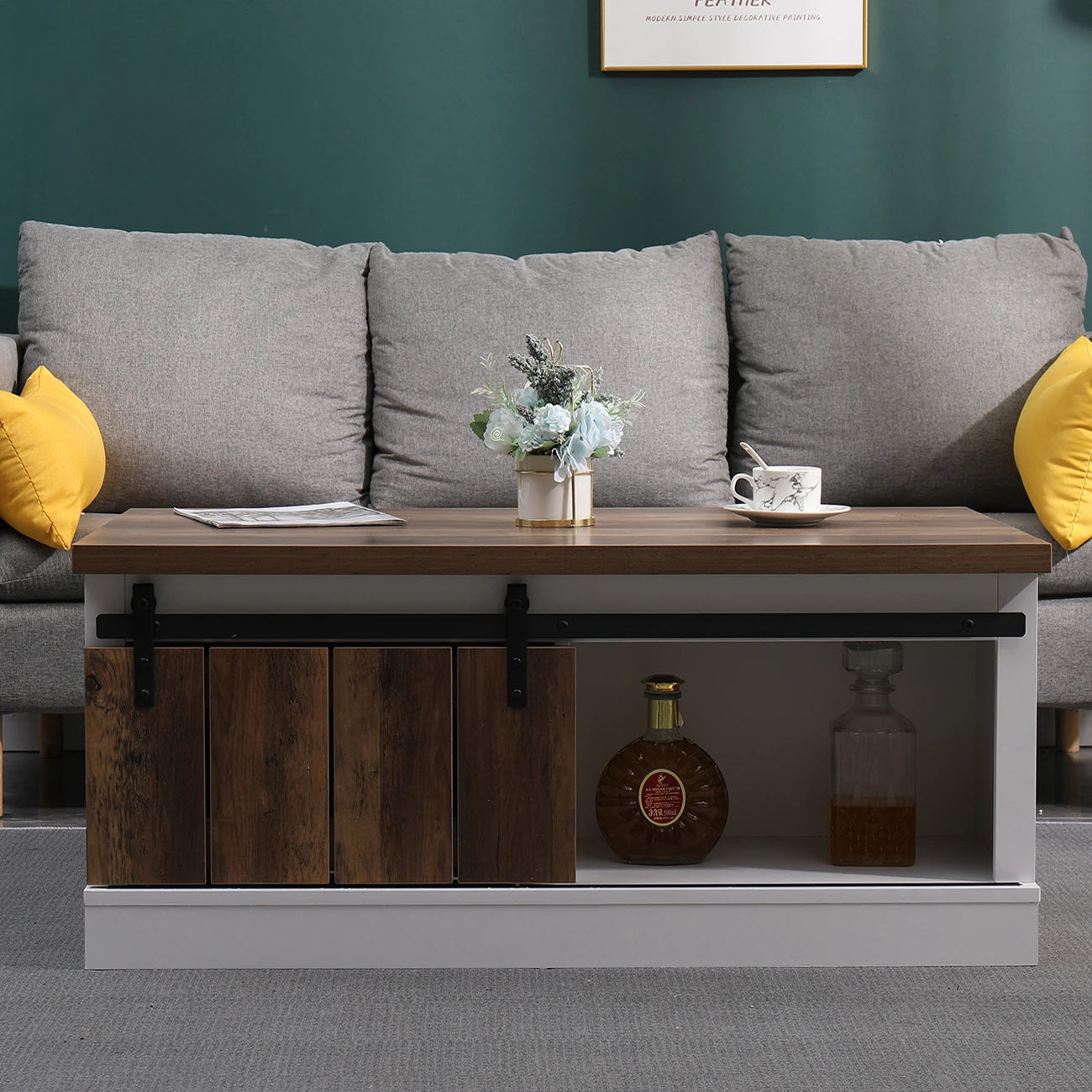 Farmhouse Coffee Table With Storage And Sliding Barn Doors