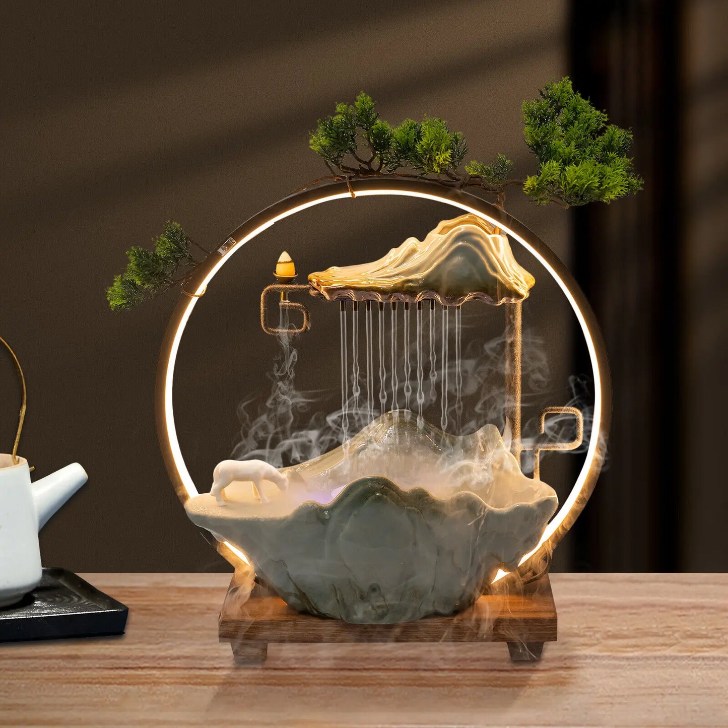 Tabletop Water Fountains Indoor Waterfall Decoration W/ Mist ,Rockery, Horse and Plants and LED for Meditation Feng Shui Decor