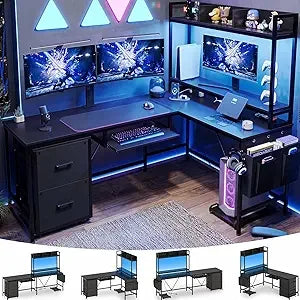 L Shaped Gaming Desk With Keyboard Tray And Power Outlet