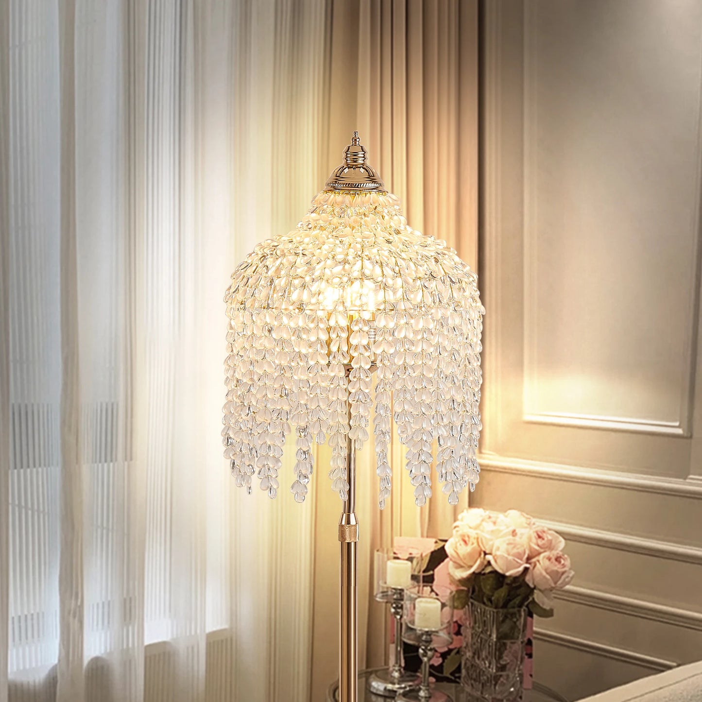 3 Light Elegant Crystal Floor Lamp Waterfall Bead Strings