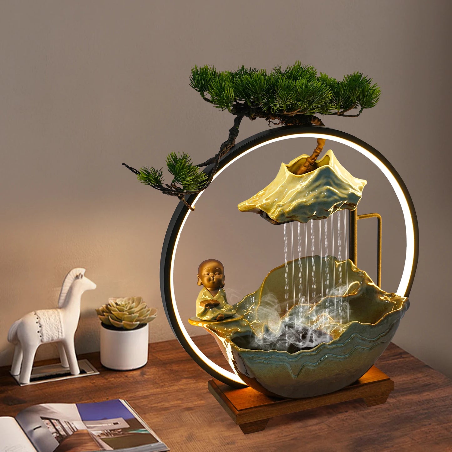 Modern Ceramic & Wood Tabletop Water Fountain for Meditation & Tea Room - Zen Desktop Water Feature, Calming Decorative Fountain