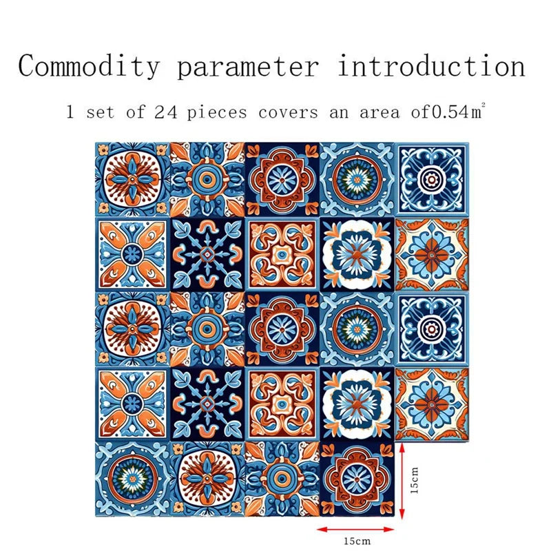 24PCS Moroccan Style Tile Sticker Traditional DIY Murals Tile Waterproof Oil Proof Removable Decals Bathroom Kitchen Backsplash
