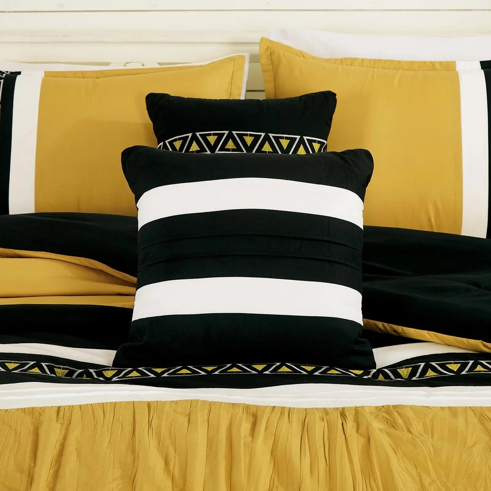 Luxurious 7 Piece Yellow Embroidered Queen Bedding Set