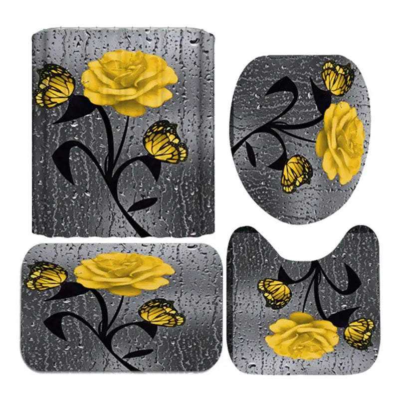 4 Piece Doormat Shower Curtain Rugs Non Slip Seat Cover