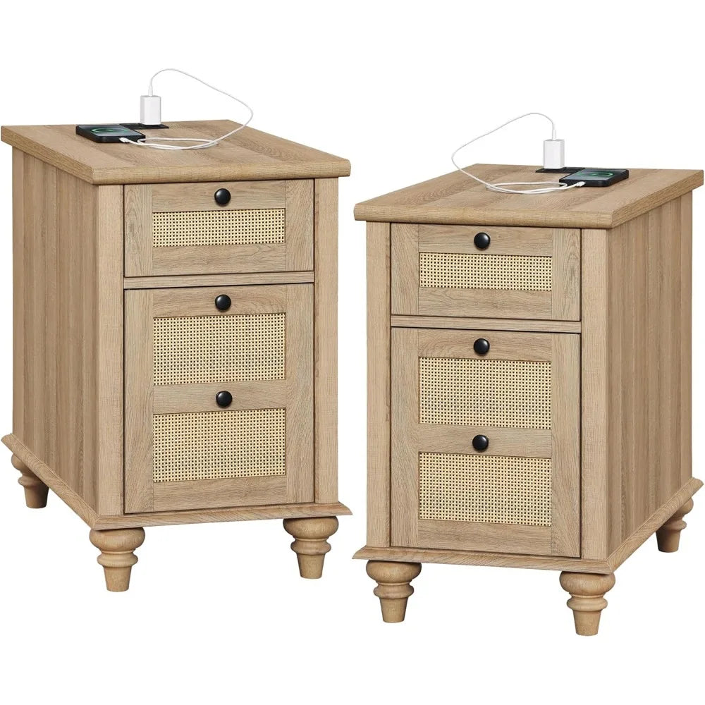 Duo Pack Charging End Tables With Storage Rattan Nightstand