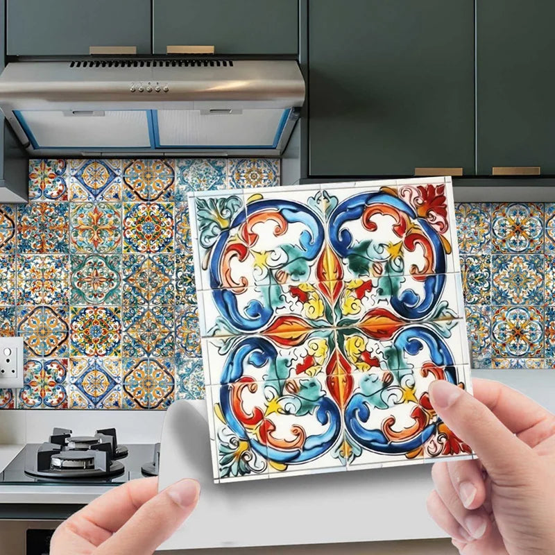 24PCS Moroccan Style Tile Sticker Traditional DIY Murals Tile Waterproof Oil Proof Removable Decals Bathroom Kitchen Backsplash