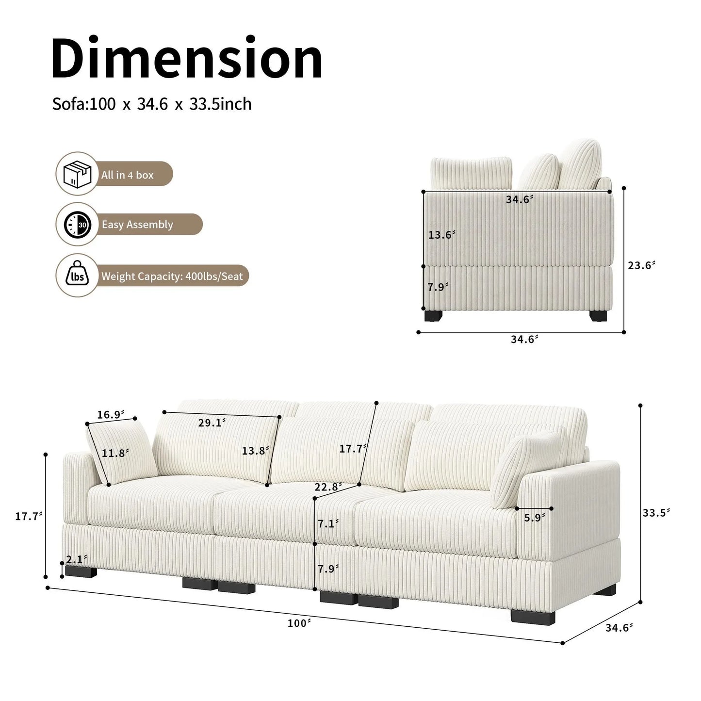 Corduroy Modular Sectional Sofa Cloud Couch 2 To 4 Seater