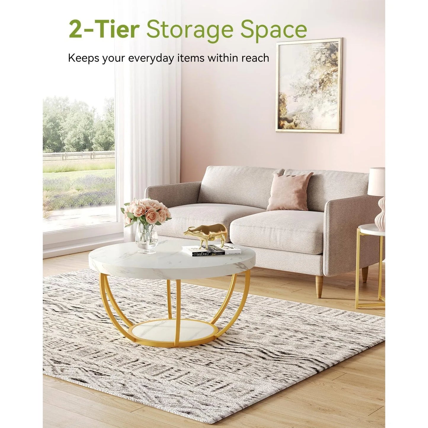 32 Inch Circle Marble Coffee Table Two Tier Golden Legs