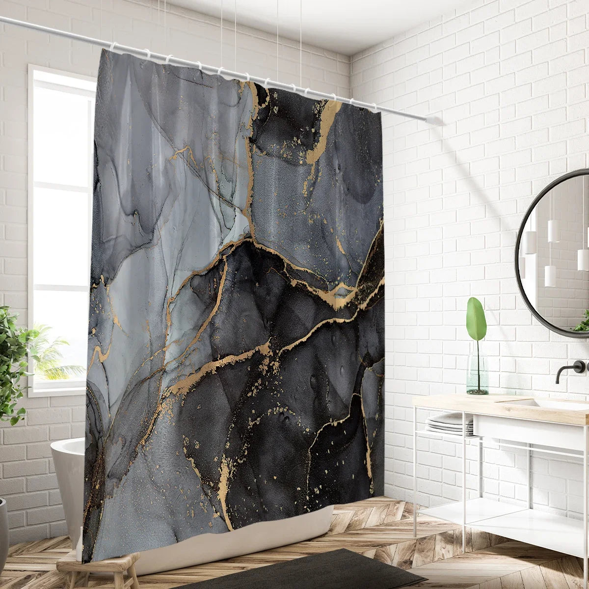 Black Marble Pattern Shower Curtain 180x180cm Mold Resistant