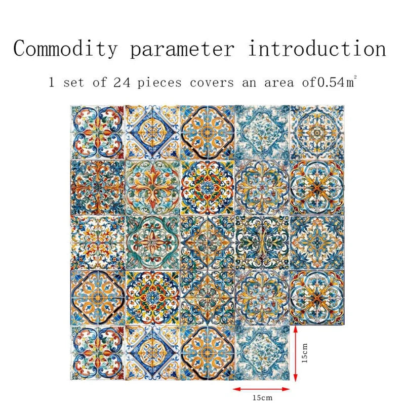 24PCS Moroccan Style Tile Sticker Traditional DIY Murals Tile Waterproof Oil Proof Removable Decals Bathroom Kitchen Backsplash